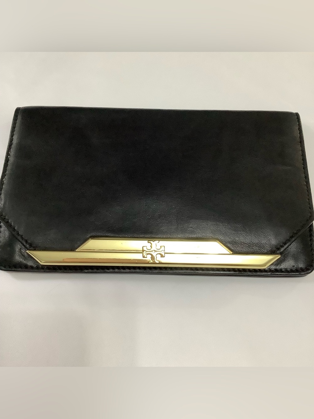 Tory Burch Soft Black Leather Clutch 9” x 5.25” with gold tone Hardware